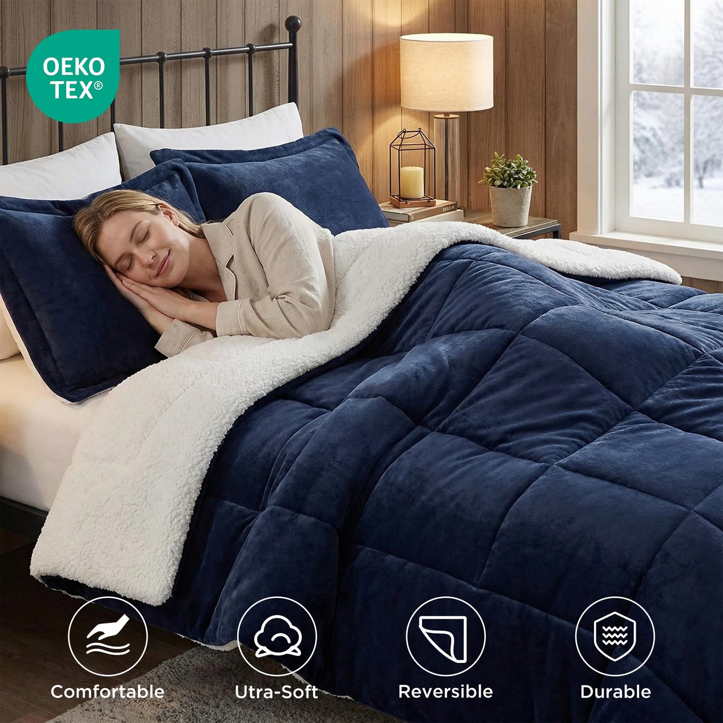 Woolrich Reversible Comforter Set Ultra Soft Plush to Sherpa, Down Alternative, Cold Weather Winter Warm Bedding, with Matching Sham, Decorative Pillow Navy/Ivory Full/Queen 4 Piece