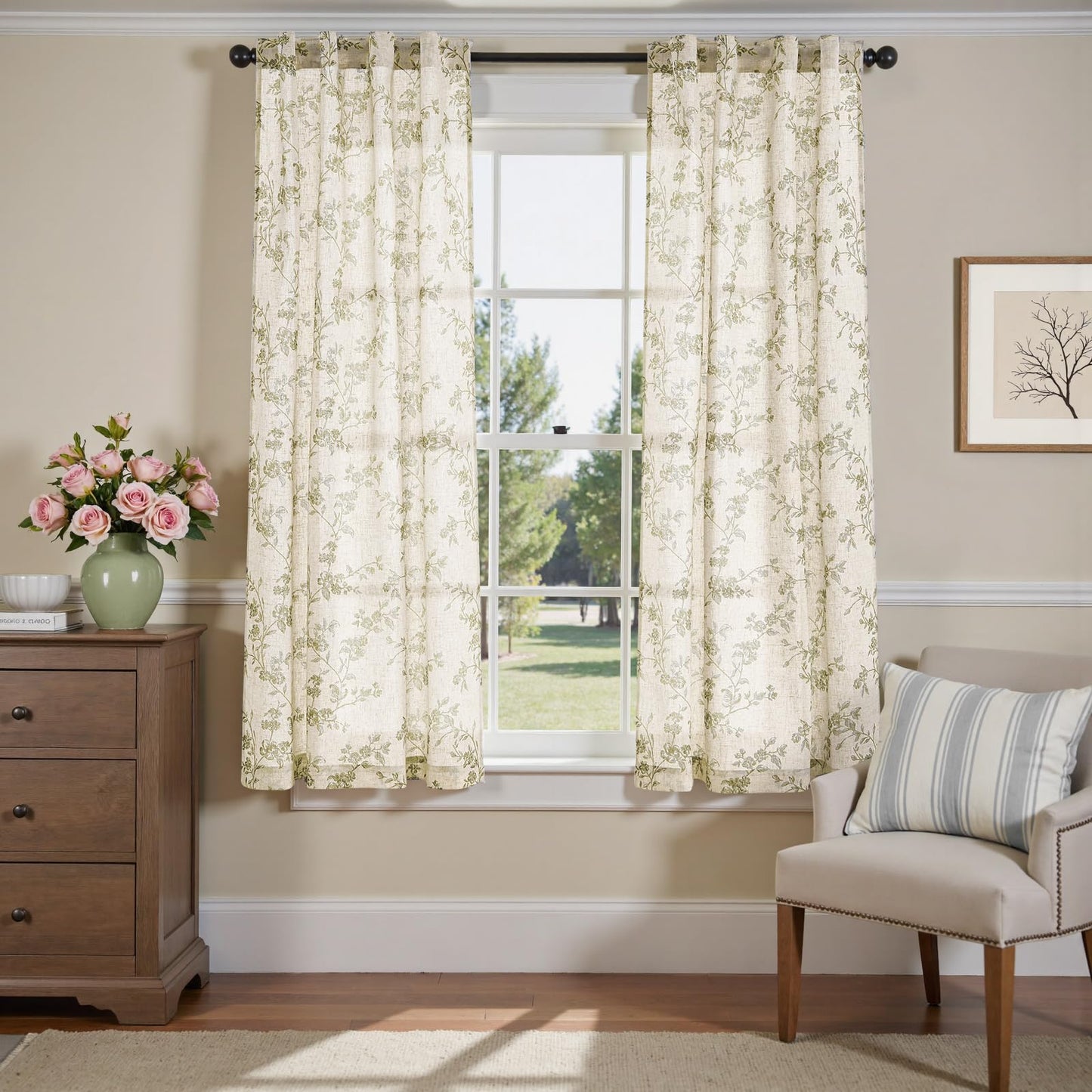 jinchan Linen Floral Curtains 63 Inch Farmhouse Country Flower Drapes Rustic Window Curtains Light Filtering for Living Room Bedroom Laundry Back Tab 2 Panels Green on Beige