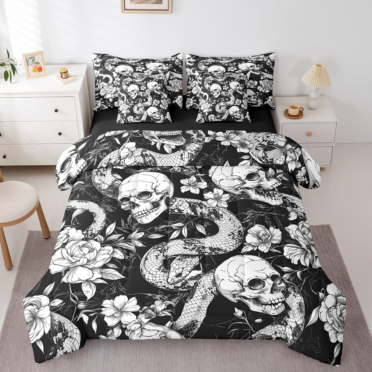 jejeloiu Kids Sugar Skull Comforter Set 7 Pieces Full Size Snake Boho Rose Bedding Set for Boys Girls Goth Art Bed Set Bed in a Bag with Comforter, Sheets, Pillowcases & Cushion Covers