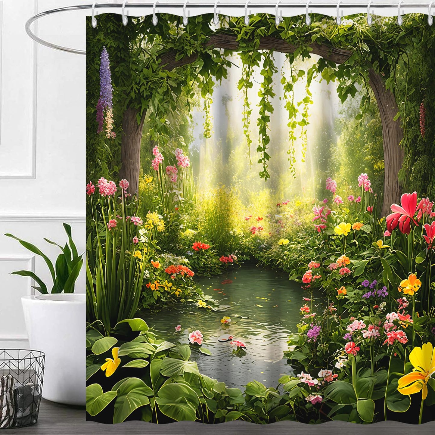 Ruelvth Enchanted Forest Shower Curtain, Nature Green Botanical Shower Curtains with Hooks Spring Floral and Leaves Waterproof Bathroom Decor, 72x72 inch