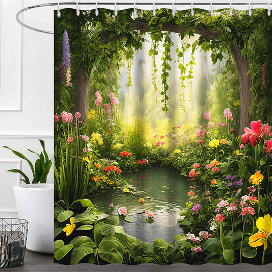 Ruelvth Enchanted Forest Shower Curtain, Nature Green Botanical Shower Curtains with Hooks Spring Floral and Leaves Waterproof Bathroom Decor, 72x72 inch