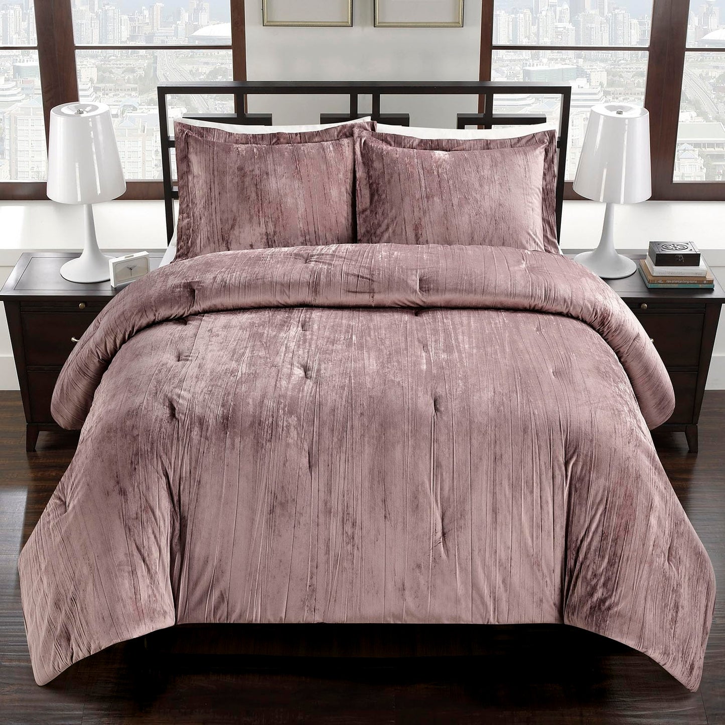 Fredsure Crinkle Velvet Comforter Set, 3 Pieces Dusty Mauve King, Crinkle Velvet Face and Brushed Microfiber Reverse, with Light Poly Fill