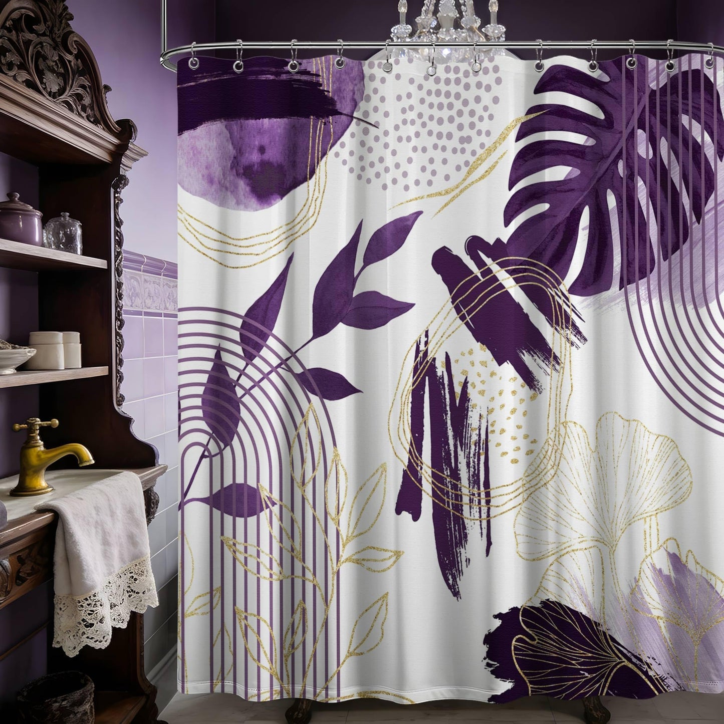 soeeao Dark Purple Shower Curtain Plum Purple and White Mid Century Modern Shower Curtains for Bathroom Decor, Waterproof Cloth Fabric with Hooks, 70" W x 72" L