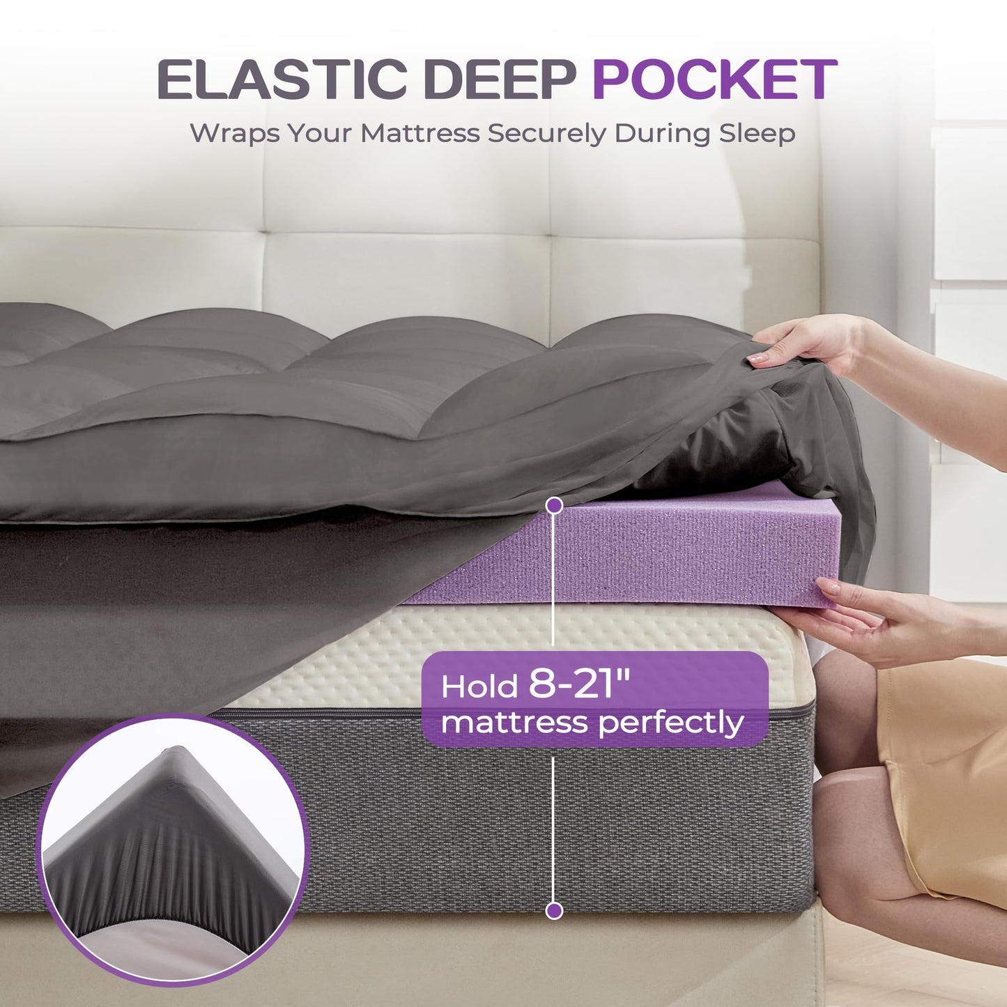 SINWEEK Dual Layer 5 Inch Memory Foam Mattress Topper Queen Size, 2 Inch Gel Memory Foam Plus 3 Inch 1450 GSM Down Alternative Quilted Pillow Top Mattress Pad Cover, Dark Gray