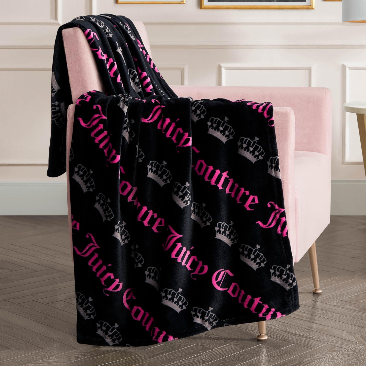Juicy Couture Diagonal Juicy Crown Stripes Plush 50" x 70" Throw Blanket, Black