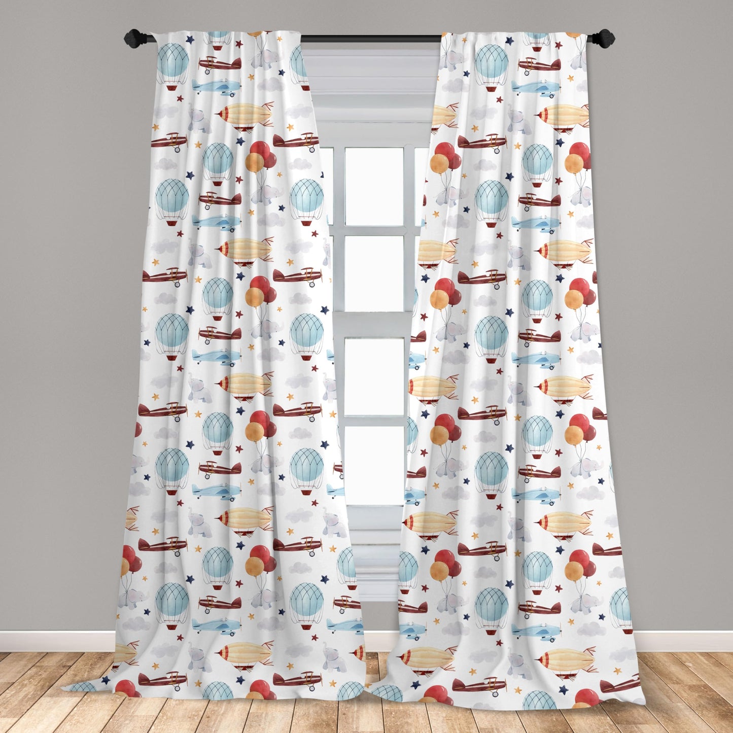 Lunarable Plane Window Curtains, Hot Air Balloon Stars Flying, Lightweight Decor 2-Panel Set with Rod Pocket, Pair of - 28" x 63", White Multicolor