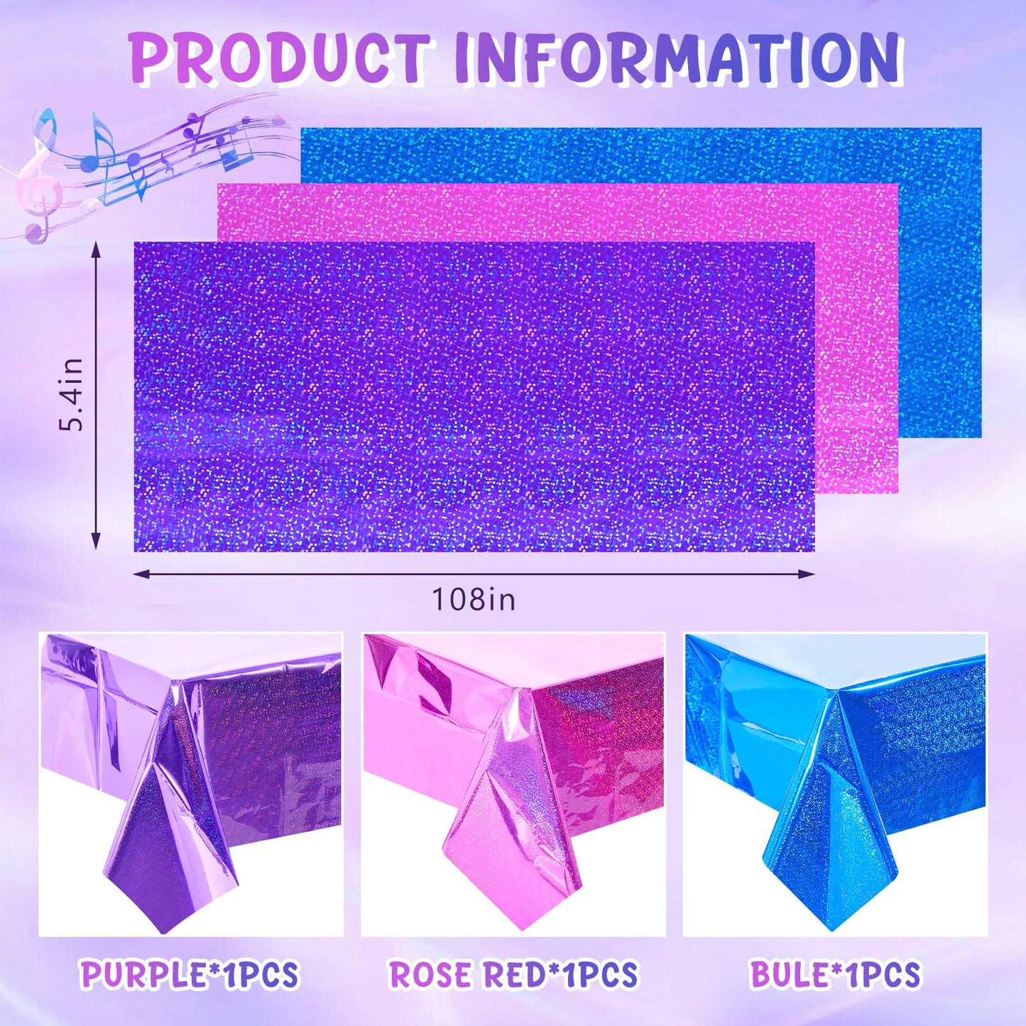 LOYIM 3 Pcs Kpop Holographic Tablecloth for Birthday Party Pink Purple Blue 54"x108" Witch and Princess Themed Movie Decoration Wedding Iridescent Metallic Plastic Glitter Laser Table Covers
