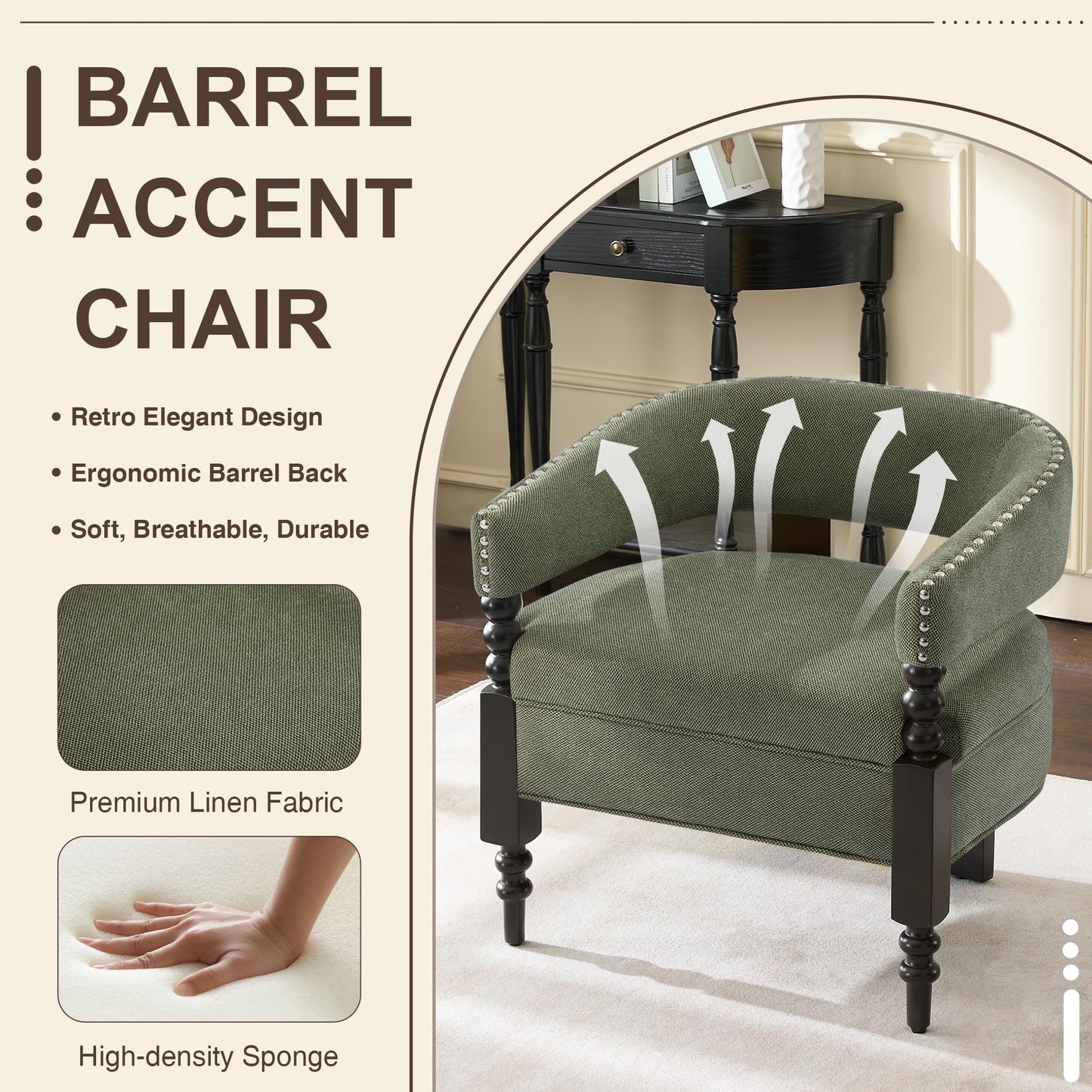 LOULENS Barrel Accent Chair for Living Room | Vintage Linen Upholstered Lounge Chair with Solid Wood Legs, Armchair for Bedroom, Reception Room & Reading Nook, Dark Green