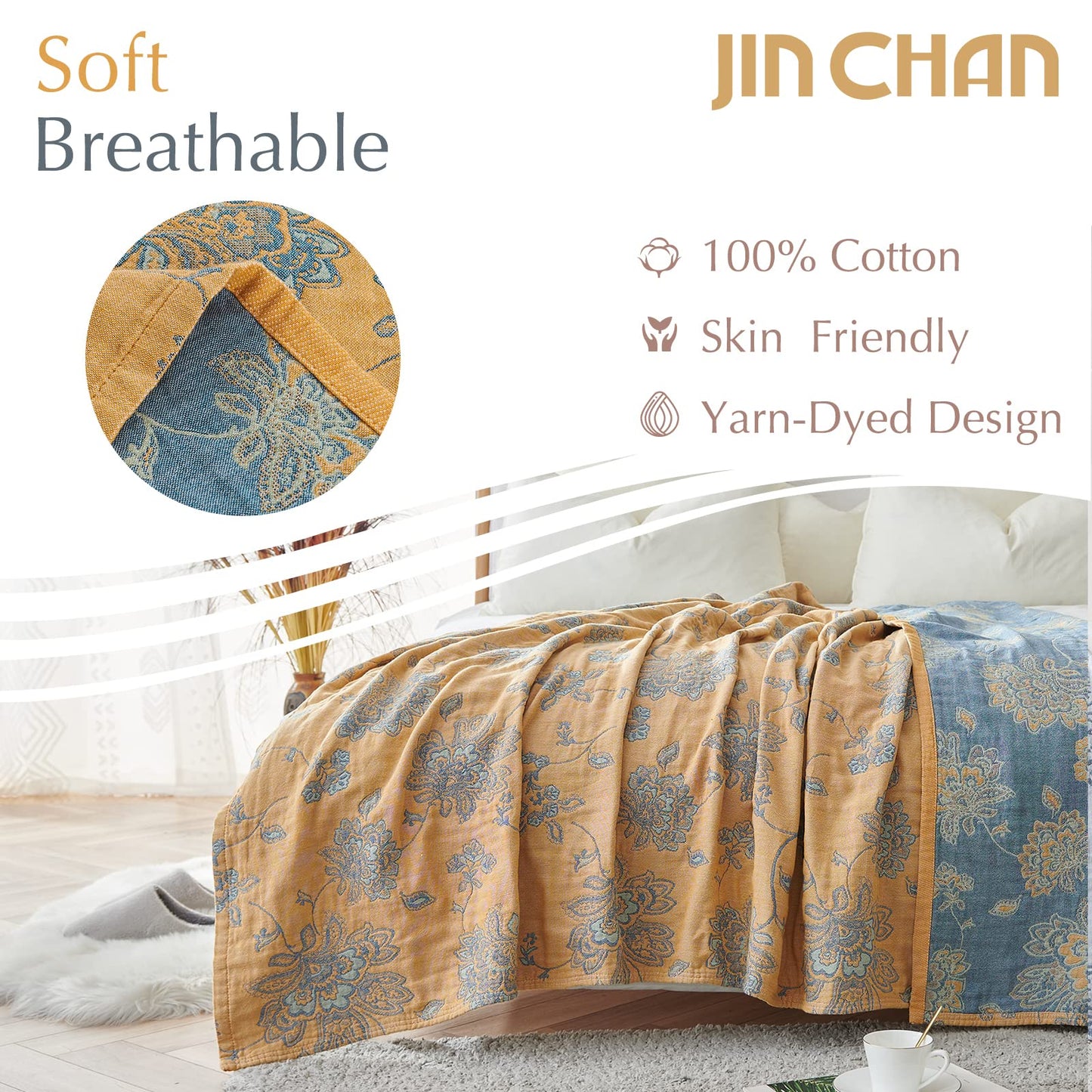 jinchan Boho 100% Cotton Muslin Twin Size 50x60 Inches Blanket Lightweight 4-Layer Quilted Soft Yellow and Blue Floral Throw Blanket Reversible Comfy Flower Breathable All Seasons Couch Bedroom Decor