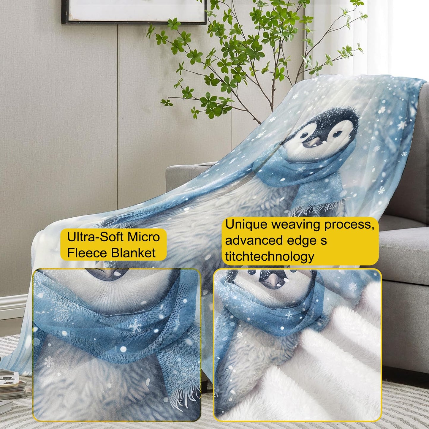 VANZEV Winter Animal Flannel Blanket, Soft Warm Lightweight Throw Blankets for Bed Couch Home Travel - Penguin Decor 50" x 60"