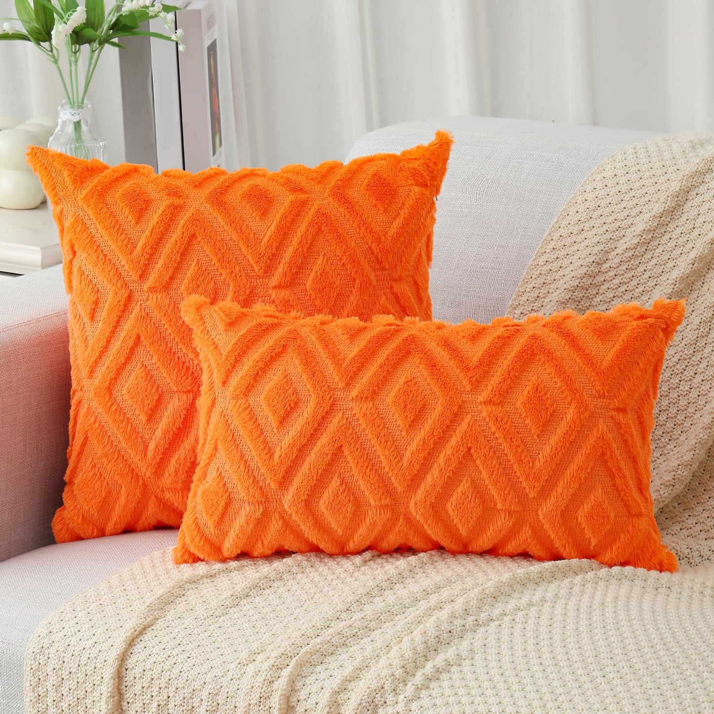Pallene Fall Orange Throw Pillow Covers 16x16 Set of 2, Soft Plush Faux Fur Decorative Couch Pillow Covers for Sofa Bed Living Room Pillow Cases with 3D Diamond Pattern