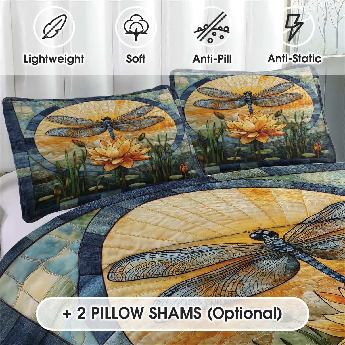 Jeminise Dragonfly Patchwork Pattern Quilt Set, Animal Style, Dragonfly Quilt Set Bedspread, Custom Patchwork Pattern Quilt Bedset, Cotton Bedding for Bedroom Girl Room