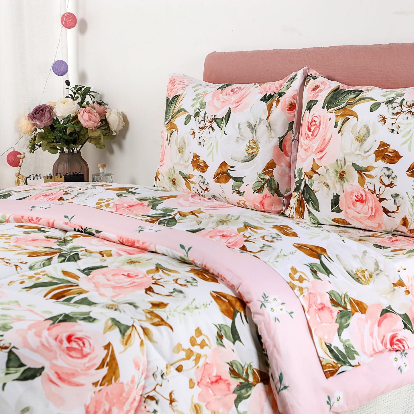 DILIMI Full Size Comforter Set for Girls, Reversible 5 Pieces Full Bedding Set, 5 Pieces Ultra Soft Pink Floral Full Size Bed Comforter Sets with Sheet, Comforter, Flat Sheet, 2 Pillowcase