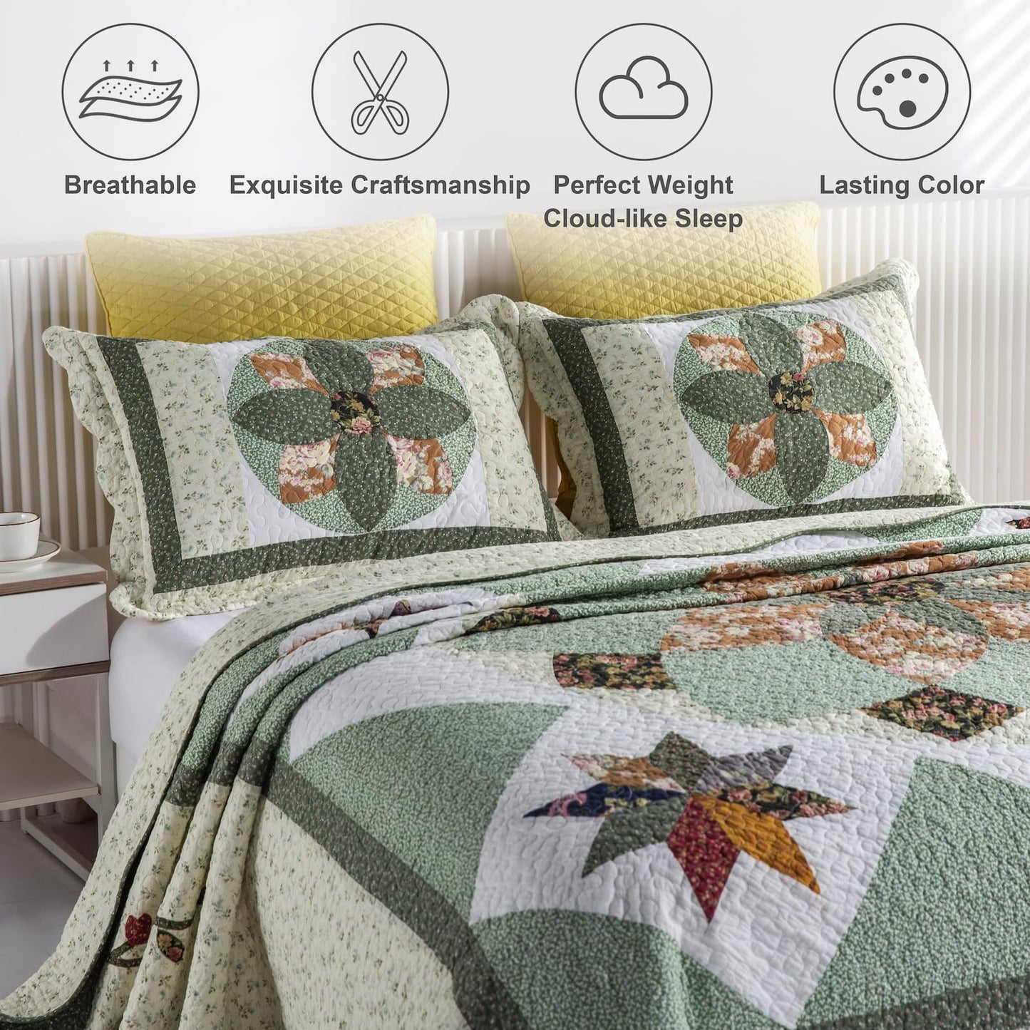 YAYIDAY Quilts Queen Size Patchwork Bedspread Set - 100% Cotton Reversible Breathable Green Earth Geometric Quilted Quilt with Pillow Shams for All Seasons
