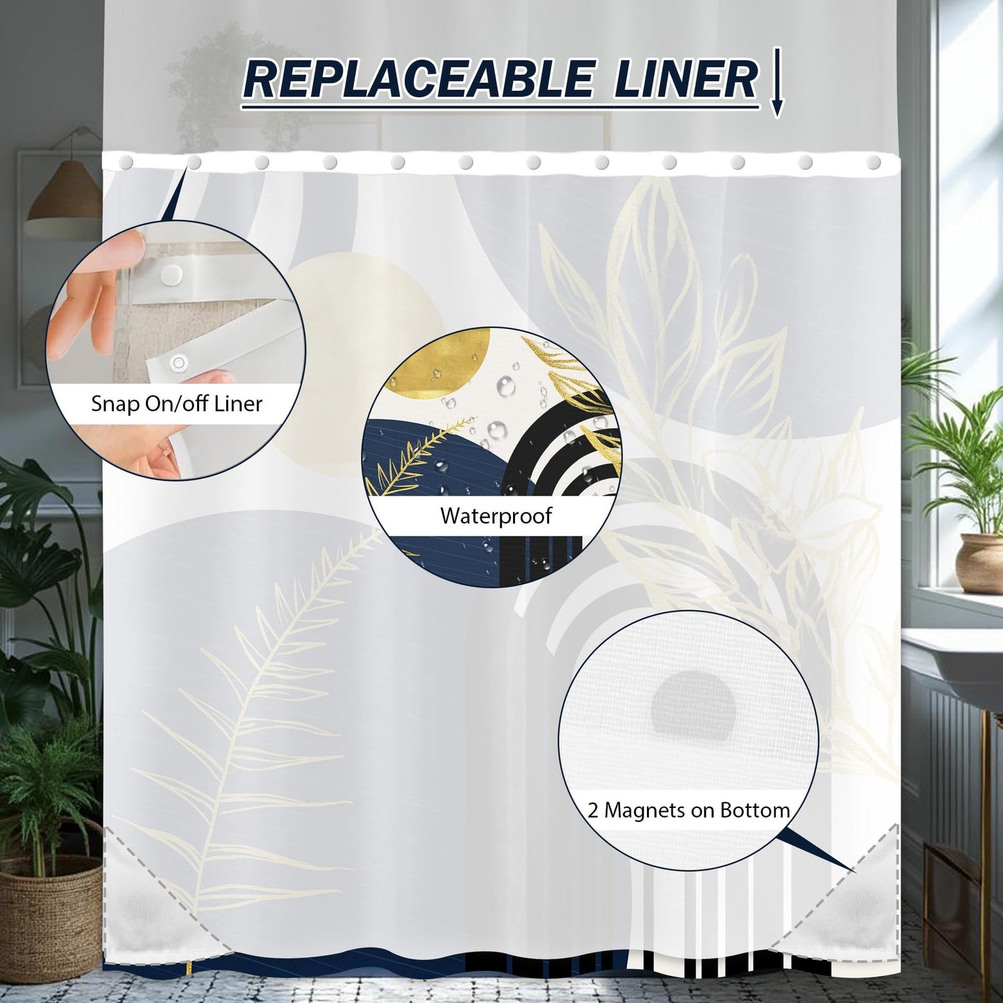 Bxpaitx Navy Blue See Through Mesh Top Shower Curtain with Window, Boho Dark Blue and Gold Double Layer Mens Shower Curtains with Snap in Liner with Magnets, Waterproof Cloth Fabric with Hooks 71x72in
