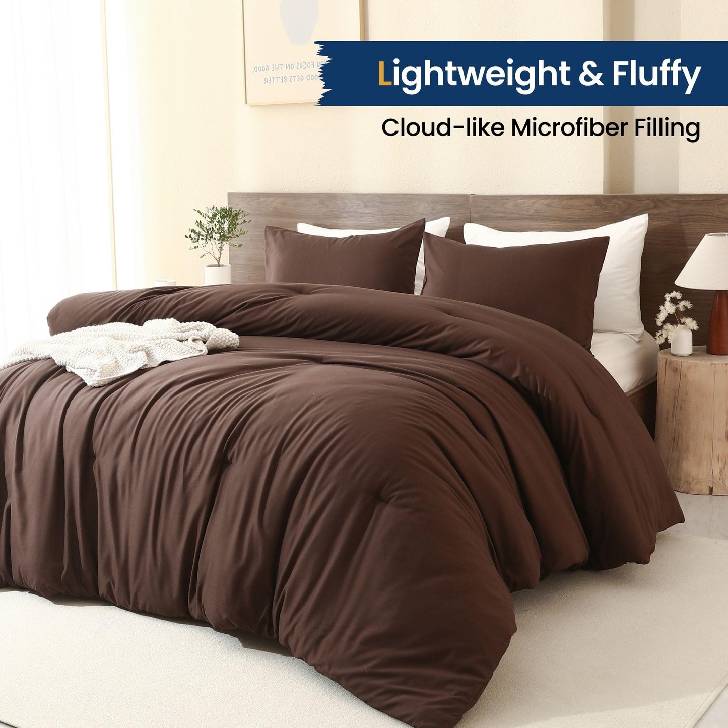 Paxrac Earthy Brown Comforter Queen Size, Neutral 3 Pieces Comforter Set, Lightweight Solid Bedding Set, All Seasons Soft Fluffy Queen Comforter Set (90x90In Comforter & 2 Pillowcases)