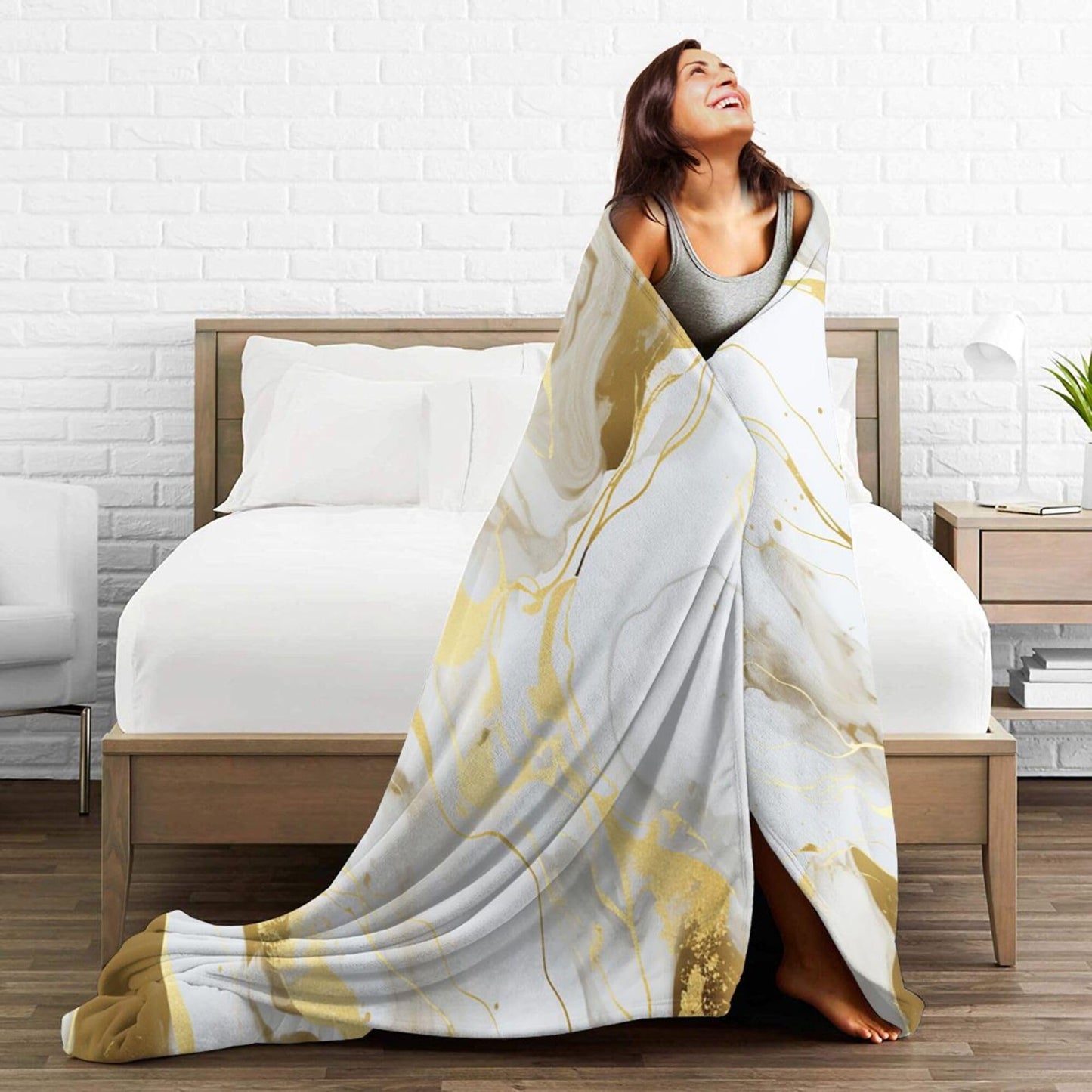 Soft Warm Throw Blanket for Couch Living Room White Golden Marble Texture Print Cozy Fuzzy Throw Blanket for Sofa Bed Blanket 60"x50"