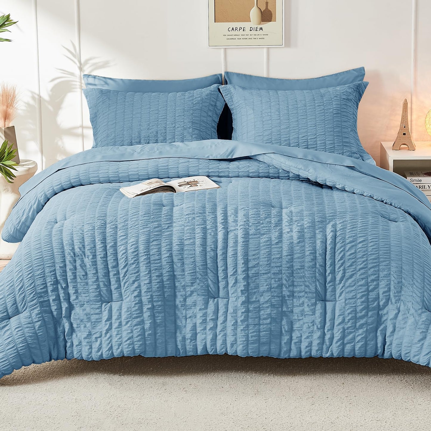 HYMOKEGE Mineral Blue Twin Comforter Set Seersucker 5 Pieces, All Season Luxury Bed in a Bag for Bedroom, Bedding Set with Comforter, Sheets, Pillowcase & Sham