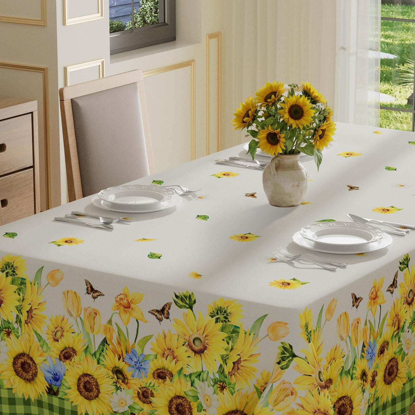 XCHI Plaid Sunflower Butterfly Summer Tablecloth Rectangle Table Cloth Table Covers for Indoor Dining Home Party Decorations 60x84 Inch