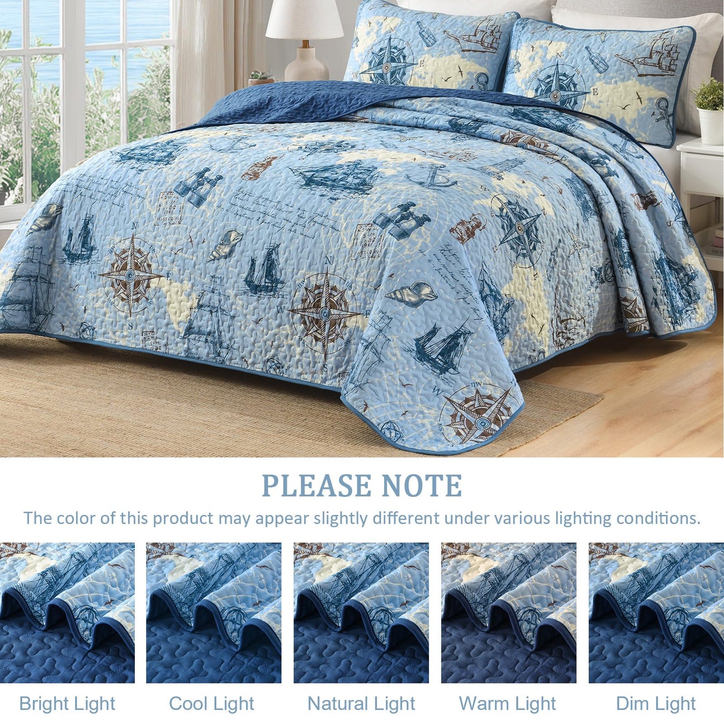DJY Beach Quilt Set Queen Size,3 Piece Anchor and Sea Horse Coastal Ocean Bedspread Coverlet Set with 2 Pillow Cases Lightweight Soft Microfiber Bedding Set Thin Quilt for All Seasons (96"x90")