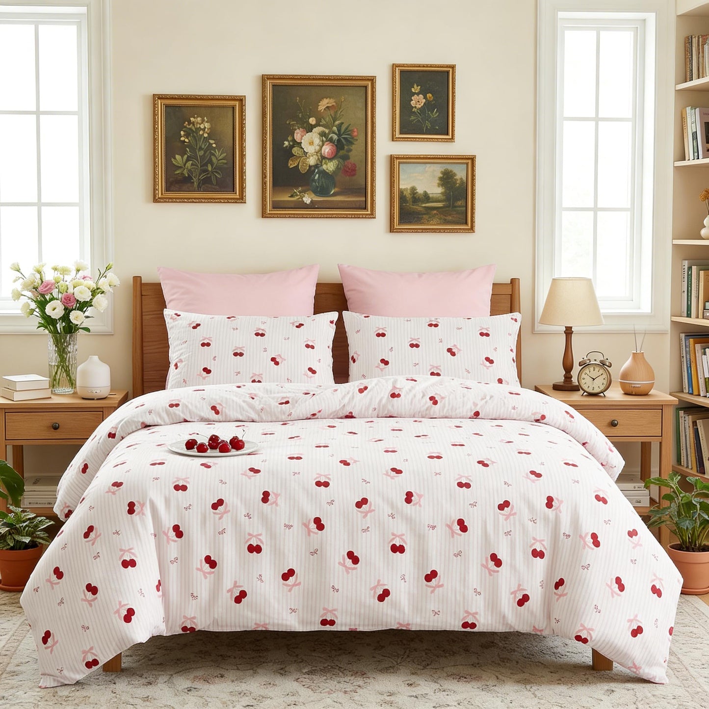 Sedefen Pink Bow Duvet Cover Queen Size Cherry Red Striped Duvet Cover Set Bows Cherries Printed on White Stripe Reversible Bedding Set 3 Pcs with 2 Pillowcases Gift for Women Girls
