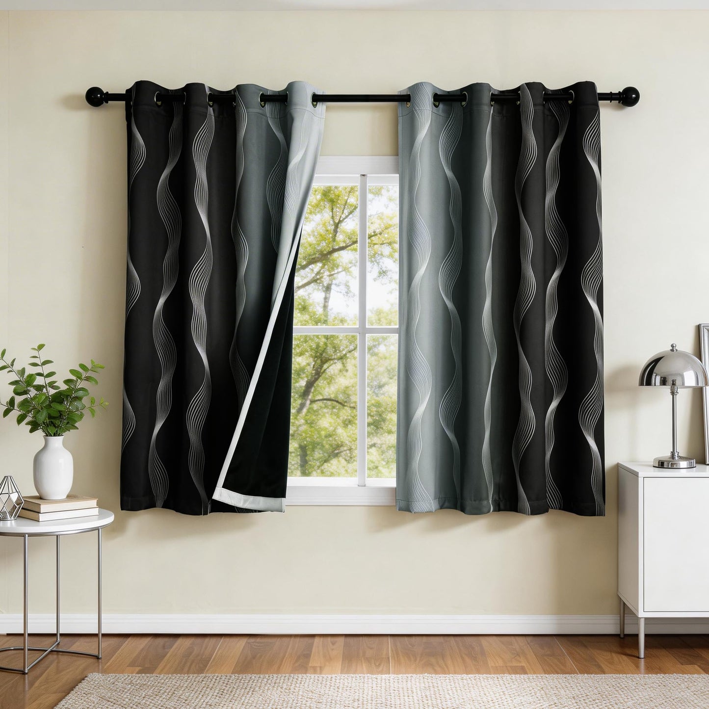 MYSKY HOME Black and Greyish White 95% Blackout Ombre Patterned Curtains 63 inch Length 2 Panels for Bedroom Thermal Insulated Energy Saving Wave Line Foil Print Design Grommet Drapes, 52" W
