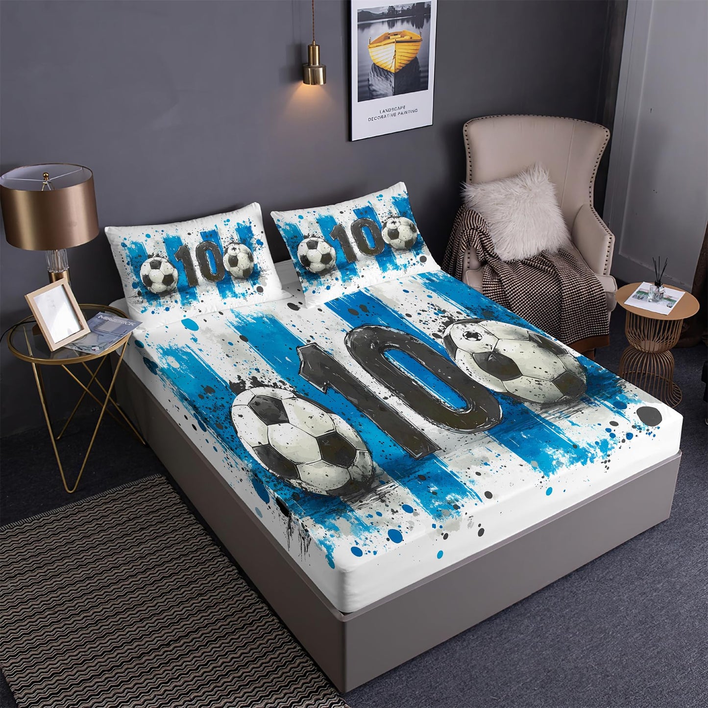 Soccer Ball Prints Fitted Sheet Set Hand-Drawn Sports Series Football Fans Bedding Set | with Fitted Sheet and 2 Pillowshams(3pcs) or Comforter(4pcs) (A,Twin-3PCS)