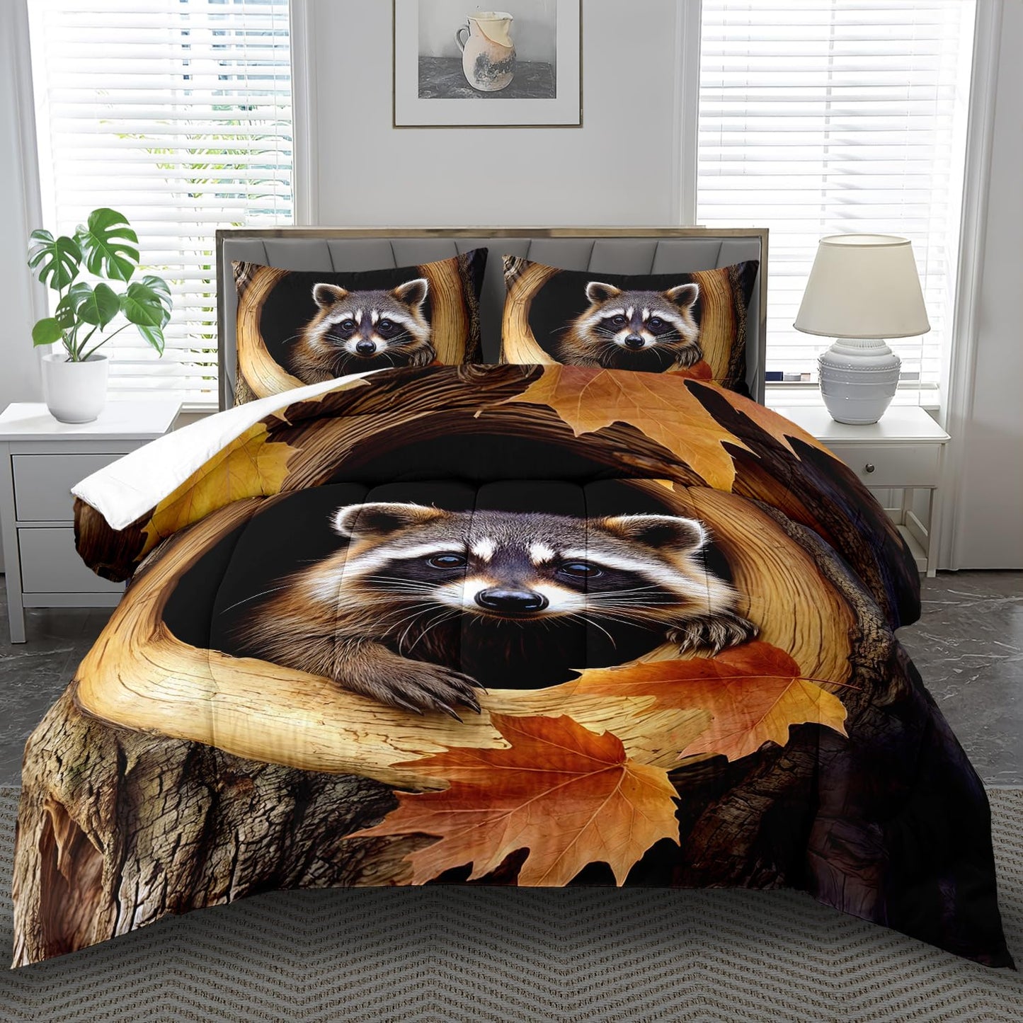 llyxsesty Cute Raccoont Comforter Set Queen Kids Comforter Set for Girls Queen Brown Animal Bedding Boys Forest Bedding Kawaii Raccoont Room Decor Cute Animal Print Bedroom Decor Kawaii Pet Quilt