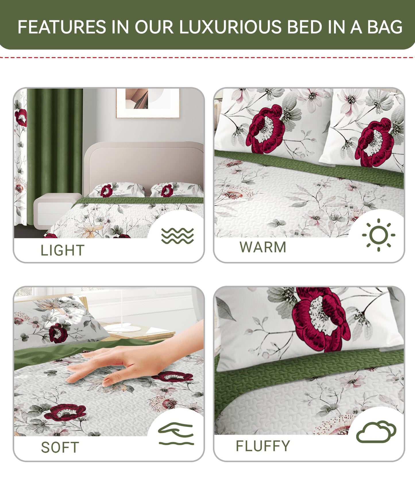 CozyCreatures Vintage Boho Dark Green King Light Comforter Set, 9-Piece Bed in a Bag with Curtains, Brushed Microfiber Bedspread Set with Matching Curtains for Master Bedroom, Machine Washable