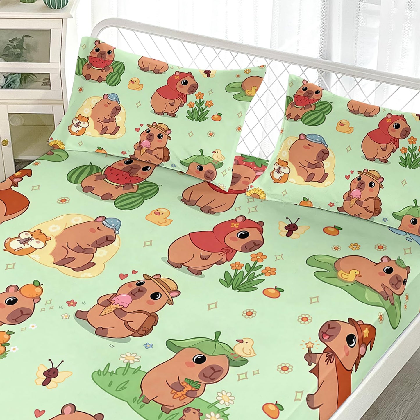 AILONEN Kawaii Capybara Fitted Sheet Set Twin Size, Boys Girls Cartoon Cute Capybara Bedding Set for Kids Teens,Grass Green Bed Sheet Set,1 Fitted Sheet + 2 Pillowcases,3 Piece