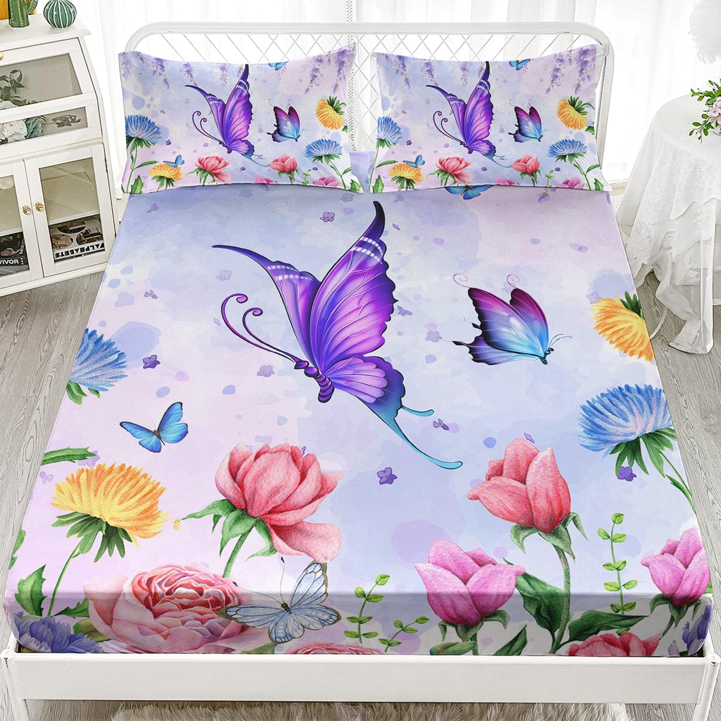 AILONEN Butterfly Bedding Set Twin Size Blue Pink Flower Fitted Sheets 3 Pieces Set Purple Lavender Sheet for Kids Girls Bedroom Decor Breathable Fitted Sheet and 2 Pillowcases