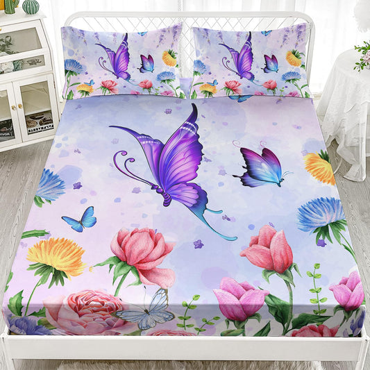 AILONEN Butterfly Bedding Set Twin Size Blue Pink Flower Fitted Sheets 3 Pieces Set Purple Lavender Sheet for Kids Girls Bedroom Decor Breathable Fitted Sheet and 2 Pillowcases