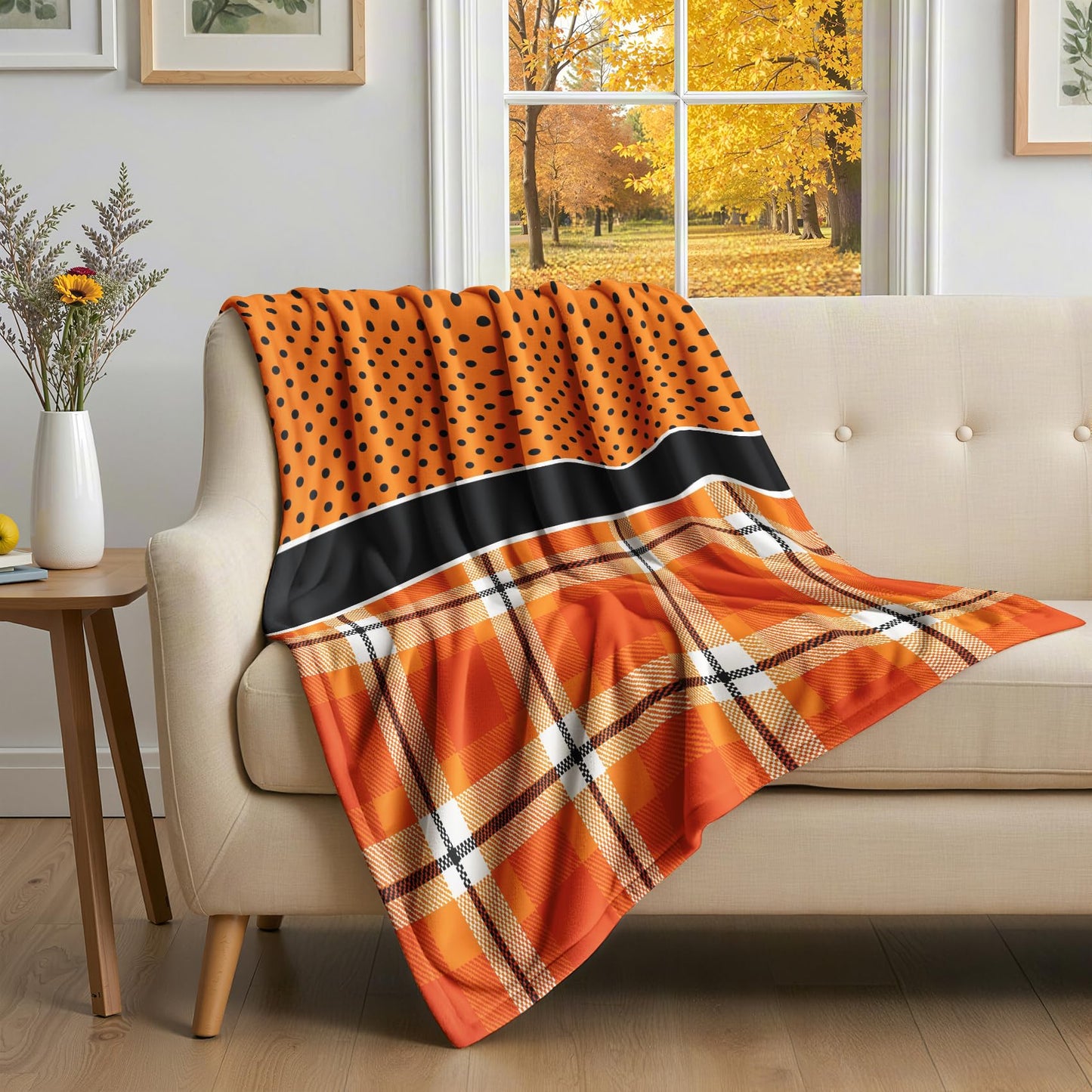 GEDAEUBA Halloween Blanket Soft - Orange Buffalo Check Polka Dot Fleece Blanket Throw, Soft Cozy Blankets & Throws for Couch, Bed, and Sofa, 50x60 inches
