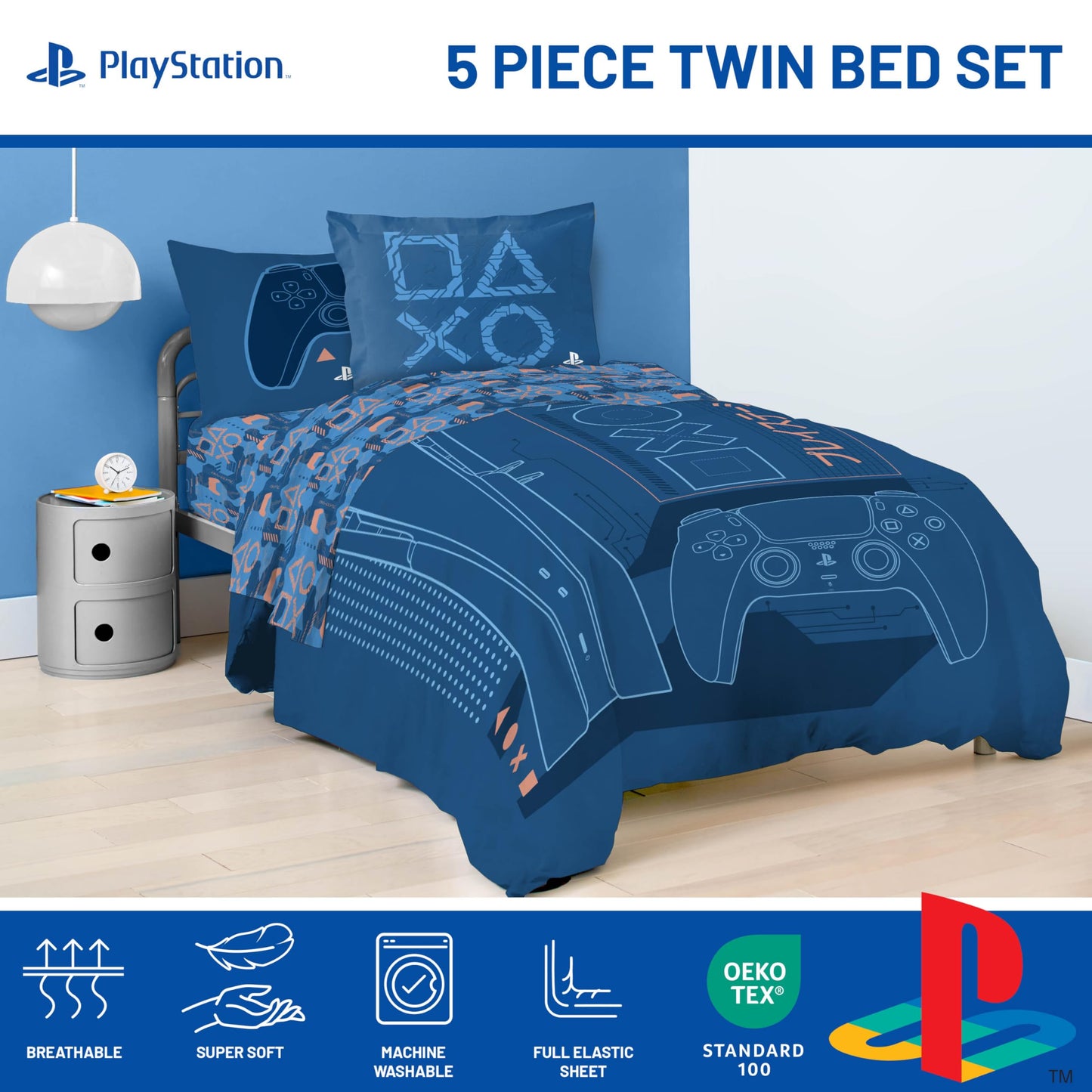 Jay Franco Kids Bed Set, Blue, PlayStation, 5 Piece Twin