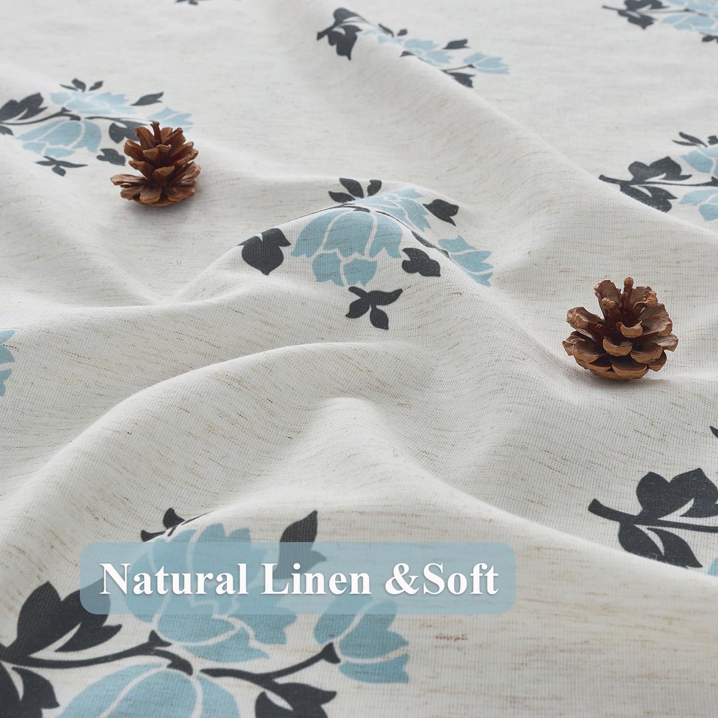 ORTIGIA Linen Blue Shower Curtains for Bathroom Boho Farmhouse Block Print Shower Curtain Set with Metal Hooks Floral Waterproof Aesthetic Rustic Fabric Bath Curtain for Home, Weighted, 72x72