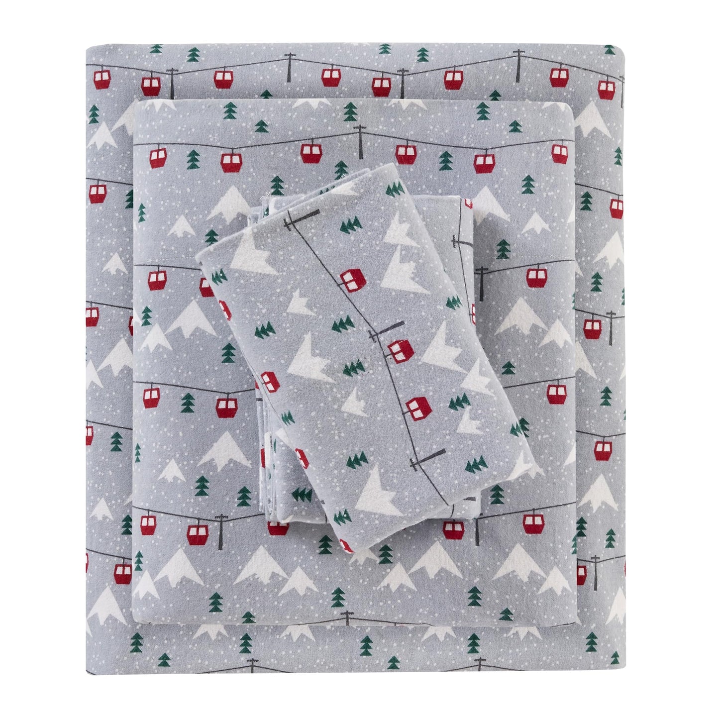 Woolrich Cotton Sheet Set Cottage Charms Print, 100% Cotton Flannel Sheets Warm & Fuzzy Bedding Set Queen Size Sheets, Fitted Pocket Fits Up to 14" Mattress, Queen Grey Ski Jump 4 Piece