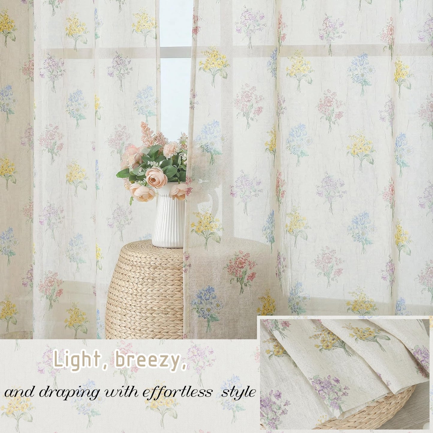Ebesto Crushed Floral Sheer Curtains 63 Inch Length - Light Filtering Printed Sheer Flower Patterned Curtains for Bedroom, Spring Romantic Rod Pocket Window Drapes, 2 Panels, 42Wx63L Inches, Natural