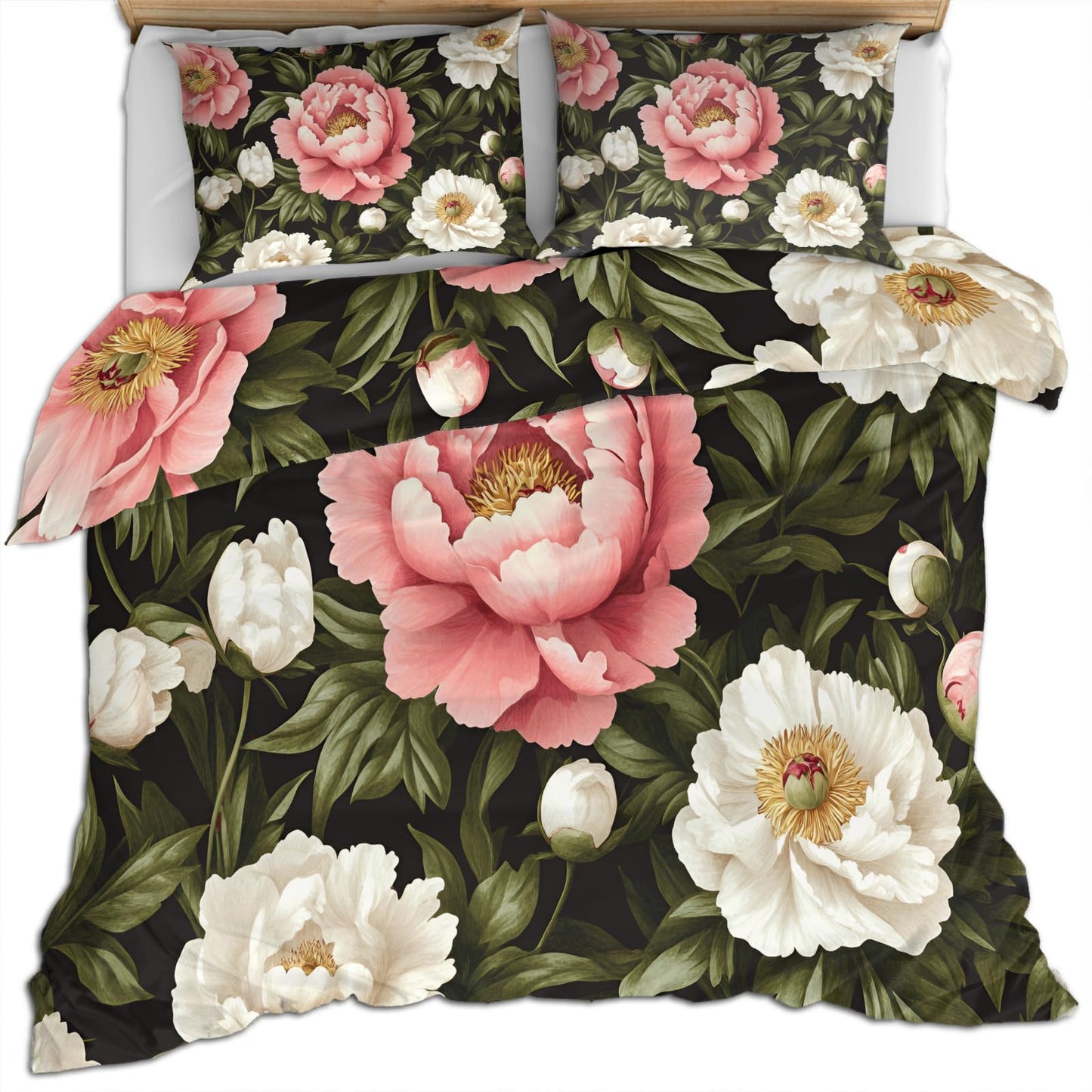 PAISUOQ Peony Bedding Sets Full Pastel Flowers Comforter Cover with Zipper Ties, European Retro Duvet Cover with 2 Pillowcases, 3 Pieces，Bedroom Decor & Gifts
