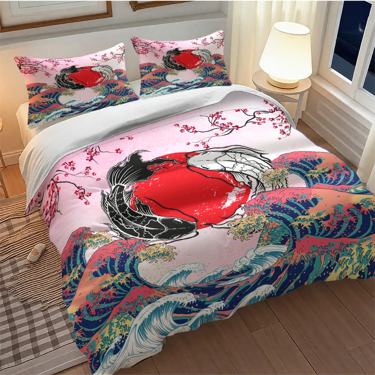 Lnepty Japanese Koi Fish Bedding Set,Asian Style Pink Cherry Blossom Big Wave Yin Yang Black White Koi Retro Landscape Comforter Set with Pillowcase for Bedroom Bed Decor,Twin 86"x70"