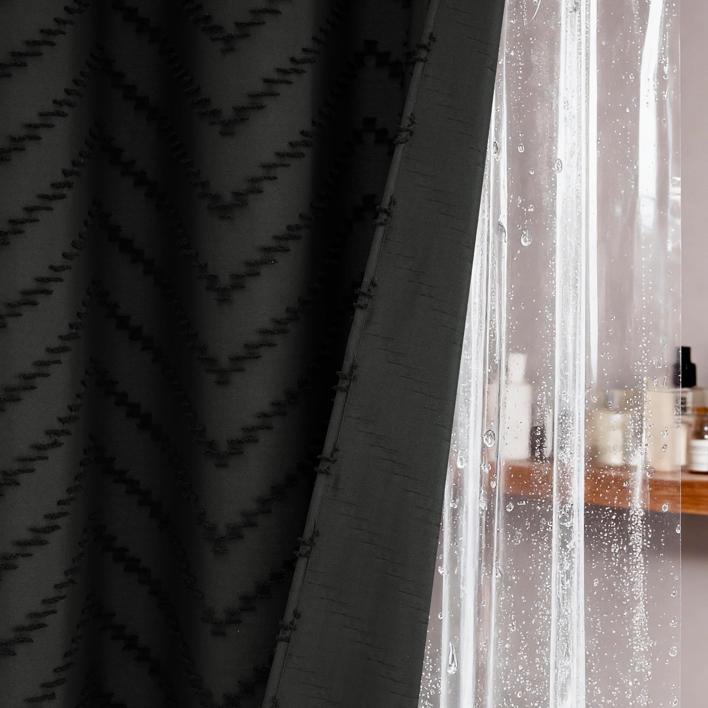 Dynamene Black Boho Shower Curtain and Liner Set, Farmhouse Fabric Shower Curtain and Waterproof Clear Liner, Tufted Chevron Striped Textured Tassel Shower Curtains for Bathroom with 12 Hooks, 72x72