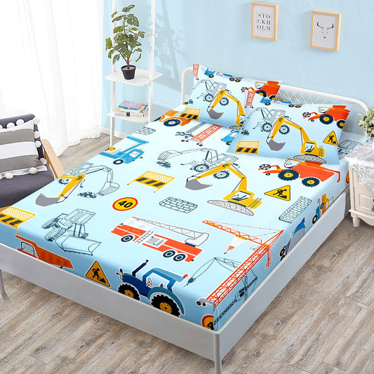 HOSIMA Cartoon Car Fitted Sheet 3Piece Set with Construction Site Excavator Crane and Tractor Design,Kawaii Bedding Set for Boys Girls in Light Blue Fitted Sheet Set Queen Size with 2 Pillowcases.