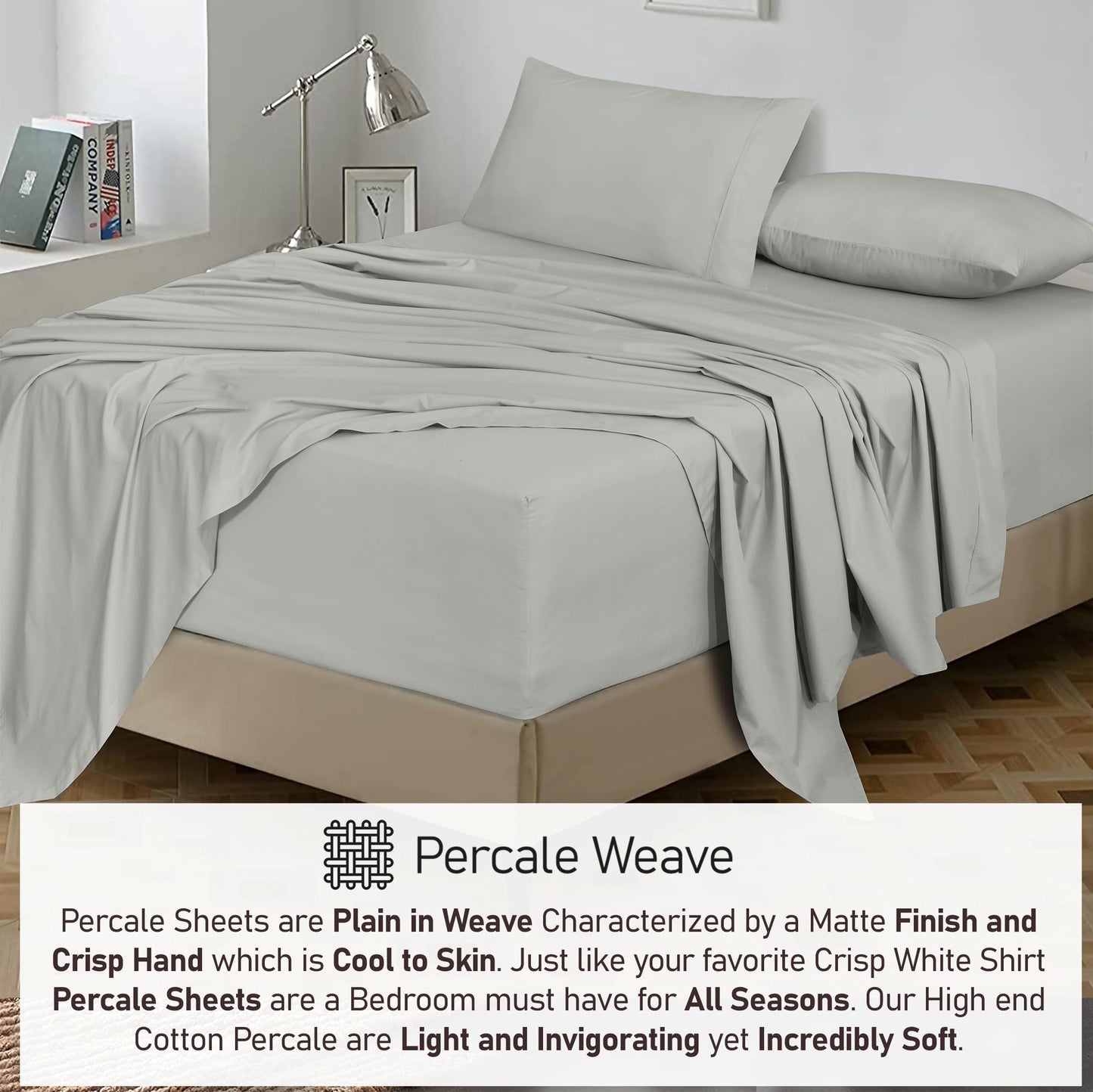 RUVANTI 100% Cotton Percale Sheets Full Size – Crisp Cooling Bed Sheets for Hot Sleepers, Deep Pocket 16”, Soft Breathable & Durable Hotel-Style 4 Piece Set, Silver