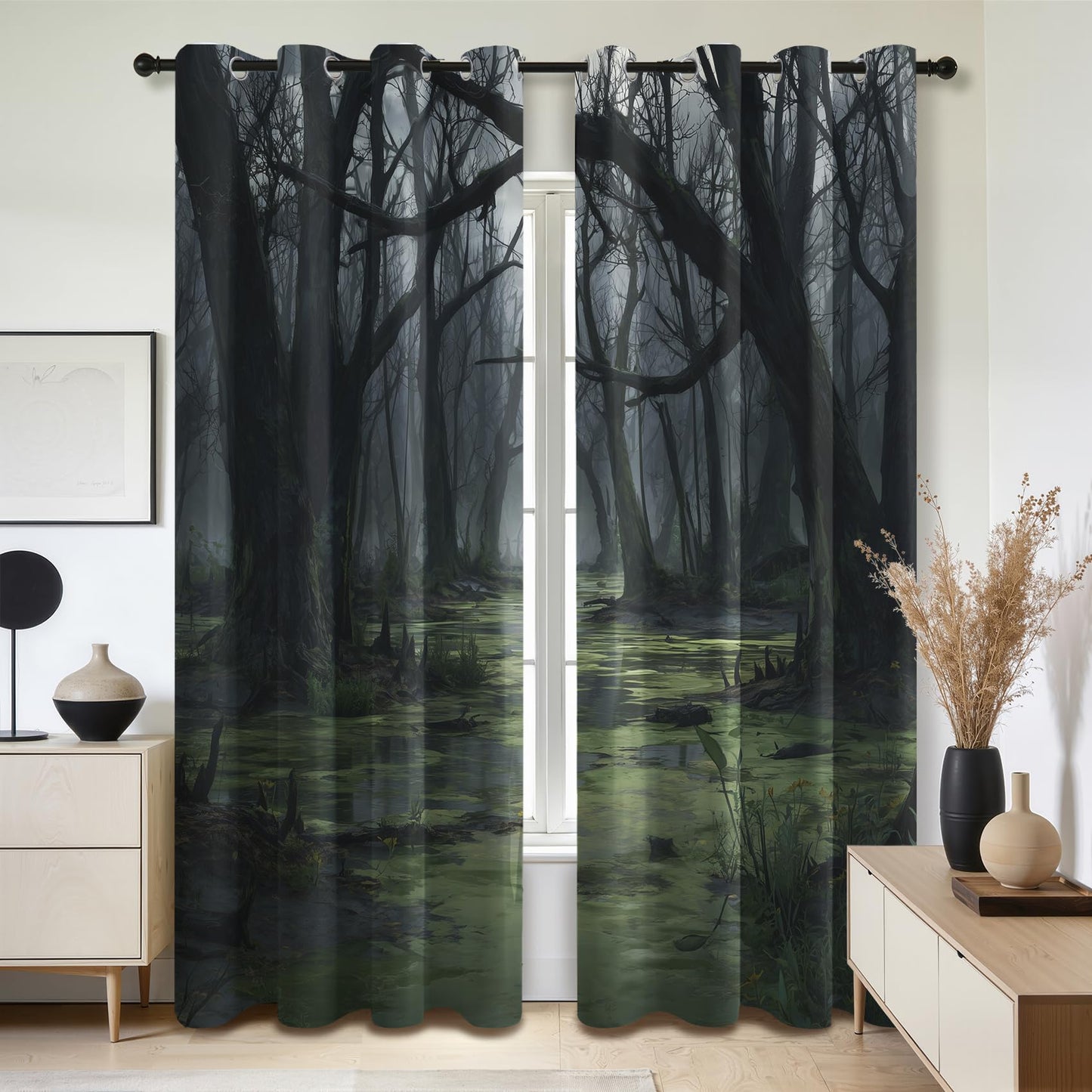 Solvivae Forest Curtains 63 Inch Length, Tree Jungle Gothic Nature Landscape Blackout Curtains for Bedroom Living Room, Room Darkening Thermal Insulated Grommet Drapes, Patterned Window Treatments