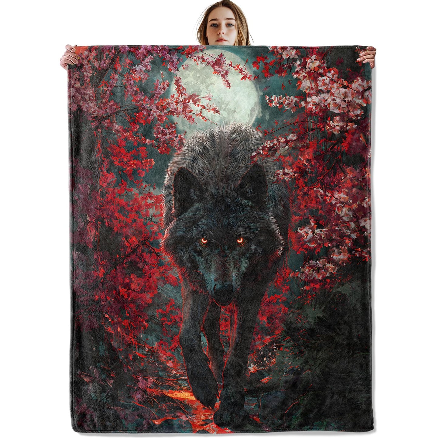 VOPNXLT Wolf & Moon Blanket, Soft Cozy Lightweight Mysterious Wolf Under Full Moon with Red Flowers Throw Blanket for Men Women Kids, Sofa Couch Bed 50x60 Inch Flannel Blankets for Travel Decor Gifts