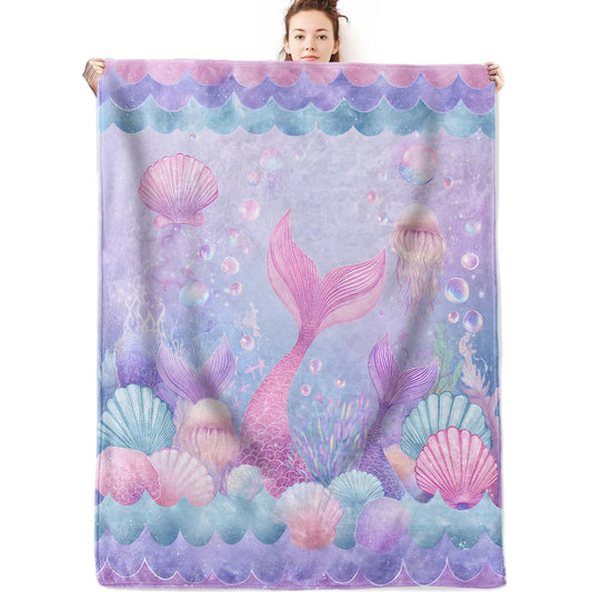 olpddz Mermaid Tail Flannel Blanket Gifts for Girls Fairy Dreamy Lover,60x50inch,Fantasy Ocean Throw Blankets with Seashell and Jellyfish,for Bedroom,Sofa,Living Room,Camping Decor Throws