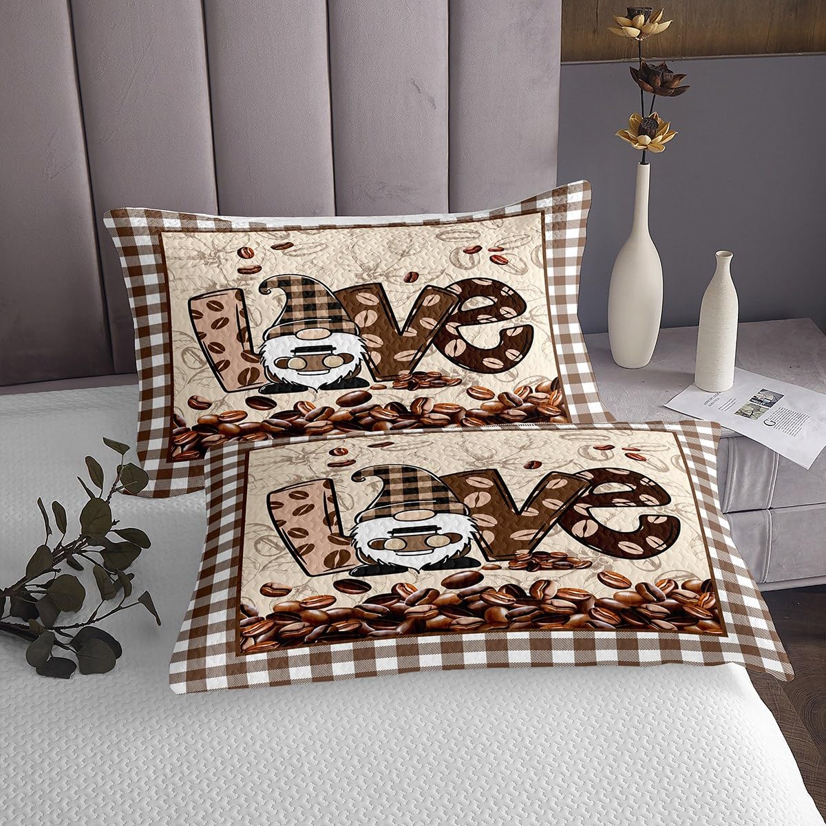 Coffee Bedspread Queen Size Geometric Brown White Grid Bedding Set Cartoon Gnome Print Comforter Set 3pcs for Kids Girls Boys Adults Room Decor Quilt Set, 2 Pillowcases