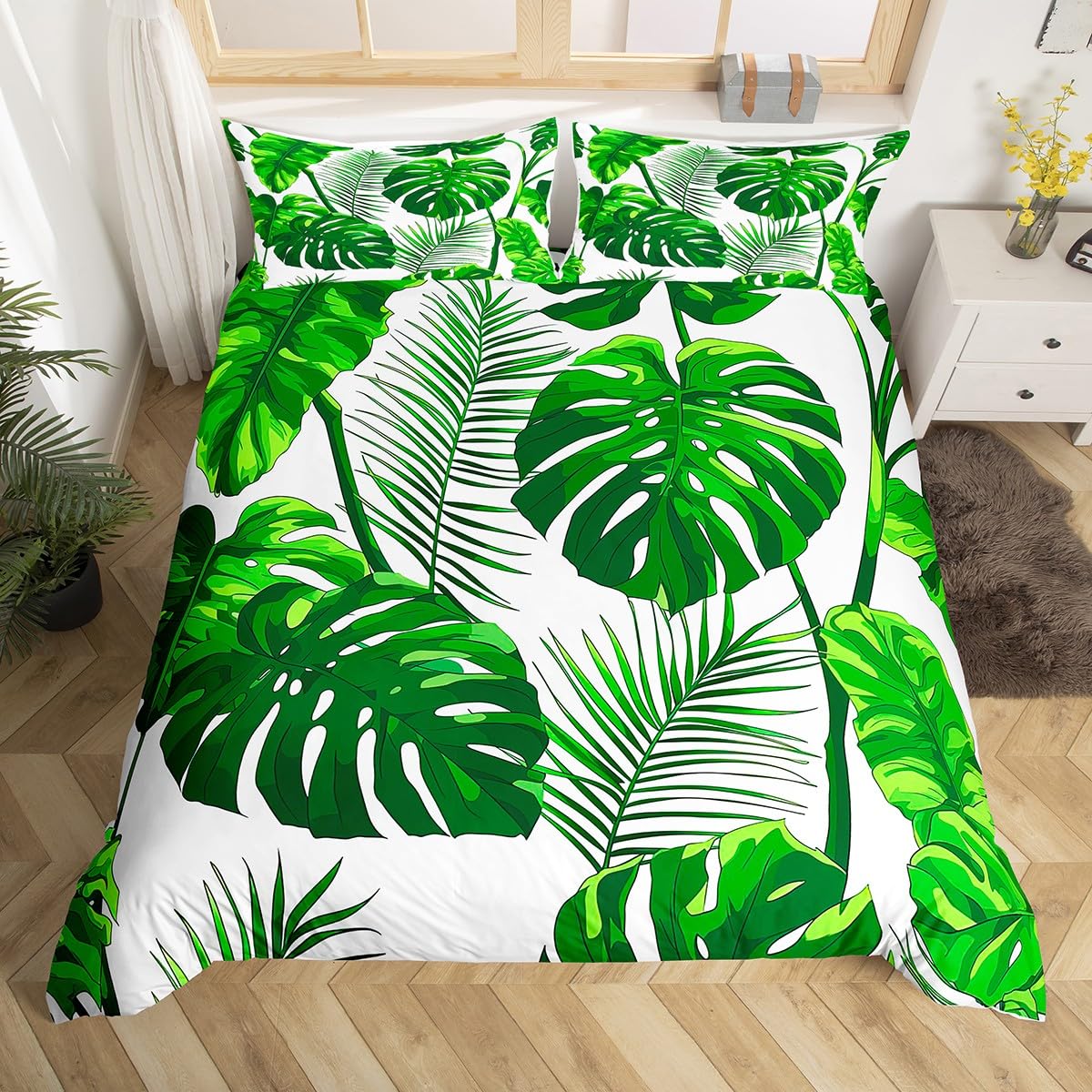 Erosebridal Leaves Duvet Cover Queen Size for Kids Boys Girls,Decorative Luxury Palm Leaf Print Bedding Set Botanical Plant Green Soft Microfiber Tropical Comforter Cover with 2 Pillow Shams, Zipper