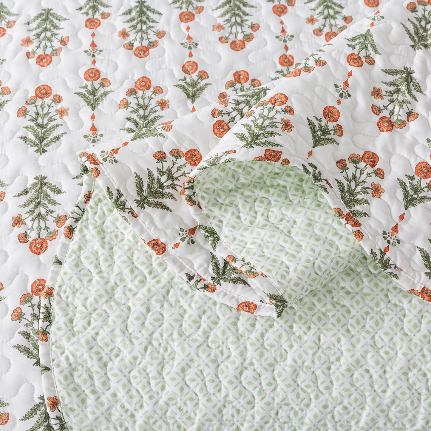 Travan 3-Piece Quilt Set Quilted Bedspread Lightweight Coverlet Set Garden Style Floral Printed Oversized Quilted Bedding Set for All Season, Orange Mirror, King Size