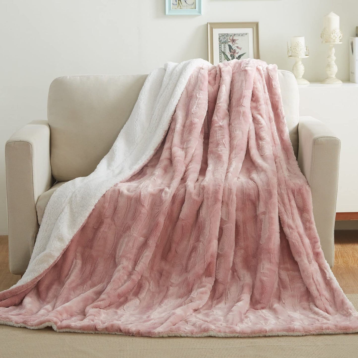 Tache Faux Fur Sherpa Blanket Set - 50x60 Blush Light Dusty Rose Gold Pink & Dark Slate Navy Blue with Diamond Trellis Pattern Super Soft, Warm, and Fluffy Throws