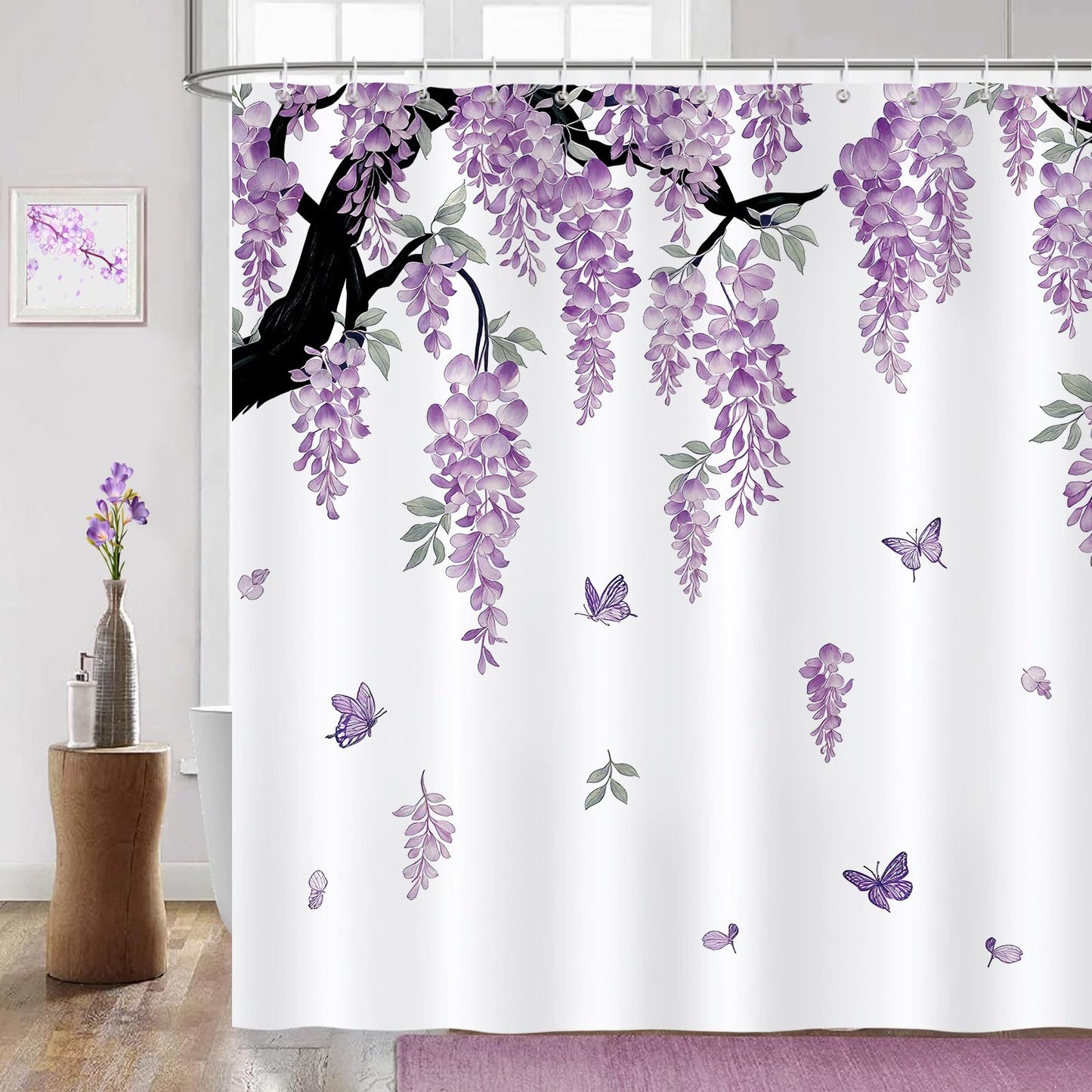 COZZSNUGE Purple Lavender Floral Shower Curtain,Spring Wisteria Flower Butterfly Lilac Girls Shower Curtain Waterproof Polyester for Bathroom with 12 Hooks, 72 x 72 Inches